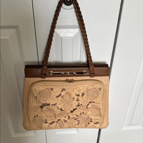 Valentino Garavani Tan and Brown Shoulder Bag with Floral Design - Picture 1 of 16